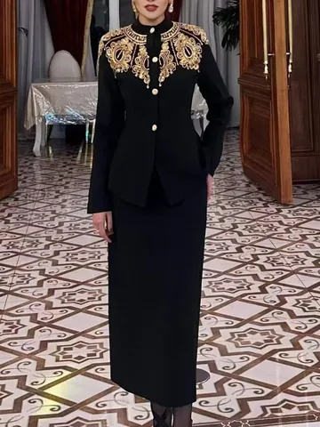 Ensemble Deux Pièces Femme Style Chinois Classique Col Montant Haut Brodé de Perles Jupe Longue Taille Haute en A Élégante Tenue de Fête Noire
