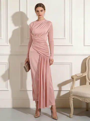 Women Elegant Ruched Long Sleeve Maxi Dress Slim Fit Solid Color Round Neck Bodycon Long Dress For Party Banquet Summer Clothing