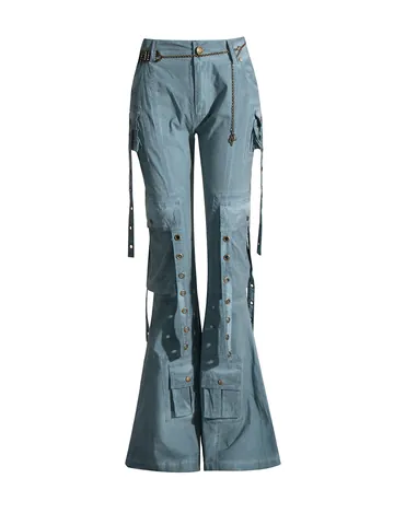 Women Low Waist Cargo Flared Jeans Spicy Girl Style Distressed Bell Bottom Denim Pants With Eyelet Straps And Multi Pockets