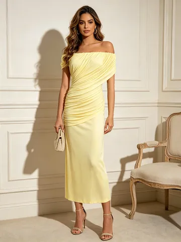 Women Elegant Ruched Off-Shoulder Maxi Dress High Waist Slim Fit Hip-Hugging Polyester Evening Party Gown Top And Bottom