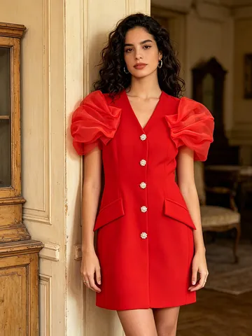 Women Elegant V-Neck Puff Sleeve Blazer Dress Rhinestone Buttons Ruched Slim Fit Polyester Party Mini Dress