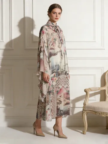 Vestito Maxi in Stile Palazzo Vintage per Donna Collo Alto Allacciato Maniche Irregolari Stampa Digitale Paesaggio Floreale Top And Bottom