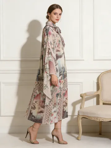 Vestito Maxi in Stile Palazzo Vintage per Donna Collo Alto Allacciato Maniche Irregolari Stampa Digitale Paesaggio Floreale Top And Bottom