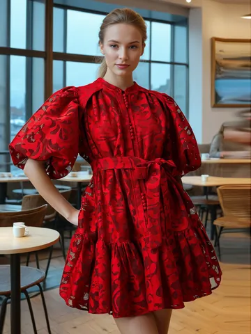 Women Elegant Hollow Out Jacquard Mini Dress Bubble Sleeve Tie Waist Short Skirt Solid Color Polyester Cotton Dress For Spring