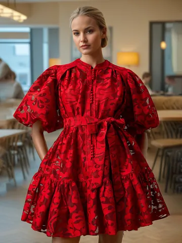 Women Elegant Hollow Out Jacquard Mini Dress Bubble Sleeve Tie Waist Short Skirt Solid Color Polyester Cotton Dress For Spring