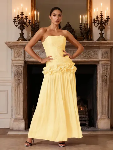 Women's Sexy Ruched Ruffle Patchwork Tube Top Maxi Dress Elegant Polyester Celebrity Style Slim Fit Formal Evening Banquet Long Dress