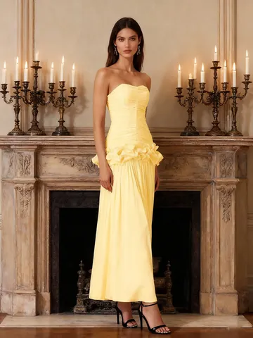 Women's Sexy Ruched Ruffle Patchwork Tube Top Maxi Dress Elegant Polyester Celebrity Style Slim Fit Formal Evening Banquet Long Dress
