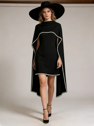Women Elegant Beaded Cape Dress Light Luxury Straight Mini Banquet Evening Gown Polyester Sleeveless Lady Top And Bottom