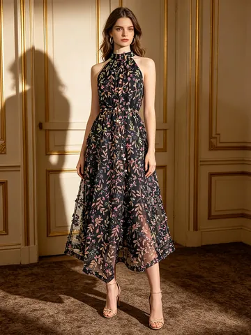 Vestido Largo con Estampado Floral Sin Mangas para Mujer A-Line Cintura Alta Top And Bottom Vestido de Verano Falda Larga