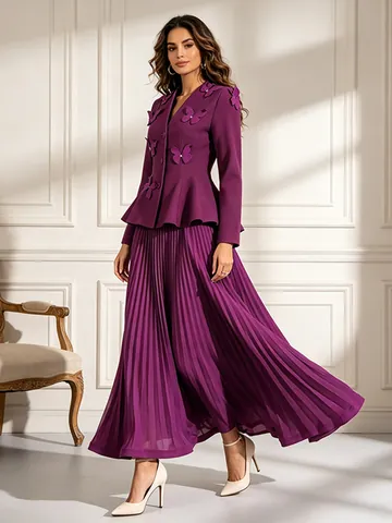 Ensemble De Luxe Français Veste Peplum Papillon 3D Et Jupe Longue Plissée Taille Haute Pour Femmes Tenue De Banquet Fête Top Et Bottom