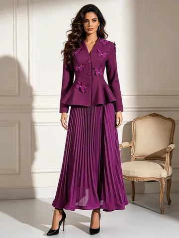 Ensemble De Luxe Français Veste Peplum Papillon 3D Et Jupe Longue Plissée Taille Haute Pour Femmes Tenue De Banquet Fête Top Et Bottom