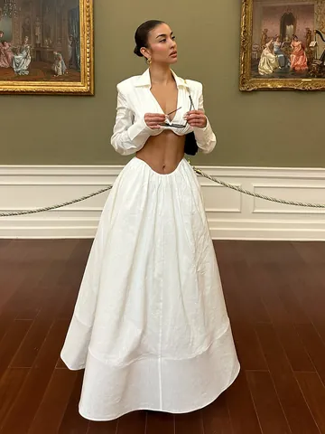 Women Elegant White Two Piece Set V Neck Long Sleeve Crop Top And High Waist Maxi Skirt Fashion Minimalist Suit
