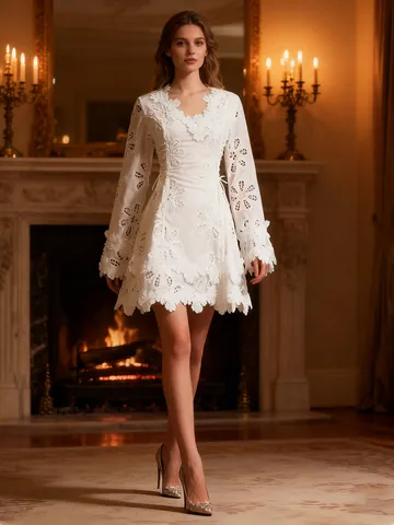 Vintage Palace Style White Lace Short Dress Women 3D Hollow Floral Pattern V-Neck Flare Sleeve A-Line Party Dress Elegant New