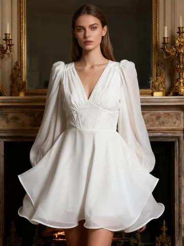 Vrouwen Sexy Europese Witte V-Hals Mesh Mini Jurk Visgraat Taille Corset Lantaarn Lange Mouw Splicing Effen Kleur Feestjurk