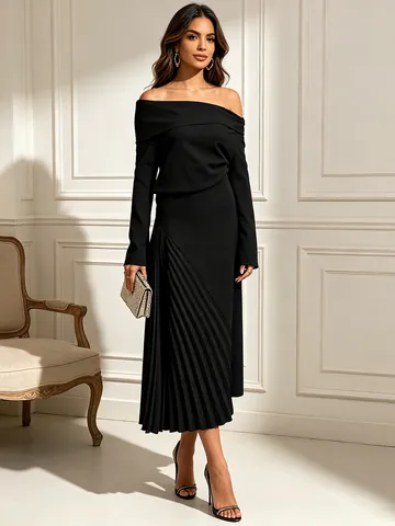 Elegante Vestido de Noche de Poliéster Algodón Fruncido Asimétrico Mujer Manga Larga Plisado Ajustado Celebridad Banquete Maxi