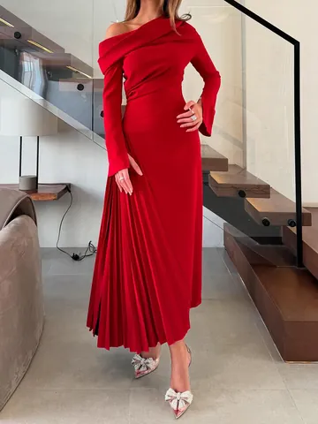 Elegante Vestido de Noche de Poliéster Algodón Fruncido Asimétrico Mujer Manga Larga Plisado Ajustado Celebridad Banquete Maxi