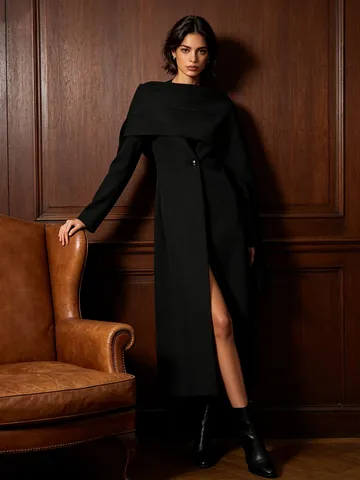 Women Shawl Style Long Coat V-Neck Slim Fit Windbreaker Elegant Waist Single Button Jacket Trench Coat Office Lady Outerwear