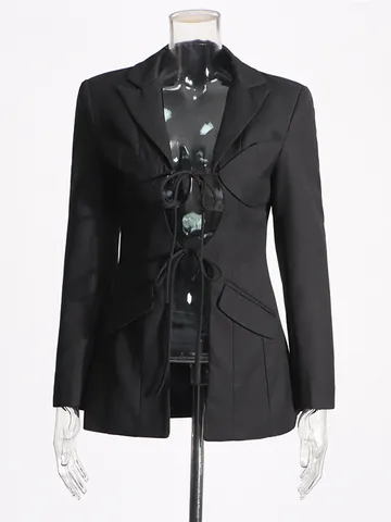 Blazer da Donna con Intaglio e Allacciatura Giacca in Poliestere Design Irregolare Slim Fit Manica Lunga Moda Autunnale