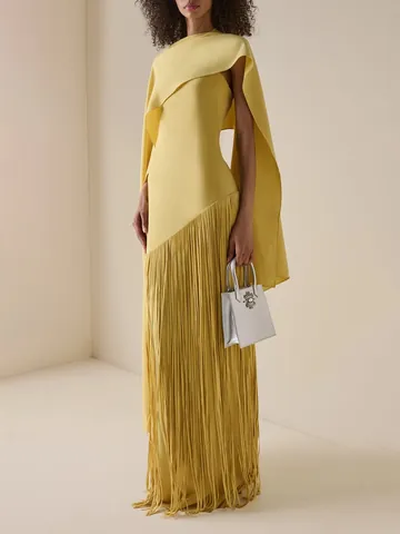 Women's Elegant Cape Design Maxi Dress Solid Color Slim Fit Tassel Hem Evening Dress Formal Social Party Bodycon Dress
