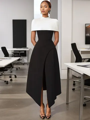 French Elegant Black White Color Block Top And Bottom Set Women Summer New Slim Fit Asymmetrical Party Banquet Dress