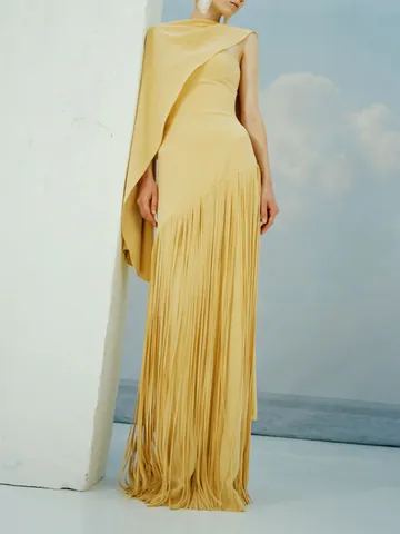 Women's Elegant Cape Design Maxi Dress Solid Color Slim Fit Tassel Hem Evening Dress Formal Social Party Bodycon Dress