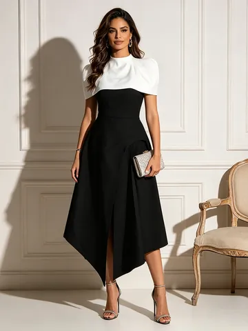 French Elegant Black White Color Block Top And Bottom Set Women Summer New Slim Fit Asymmetrical Party Banquet Dress