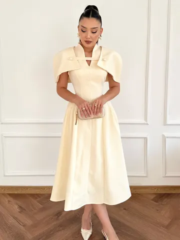 Elegant Vintage Stand Collar Cape Sleeve Midi Dress For Women Slimming Waist Defined Solid Color Party Fashion One Piece Dress
