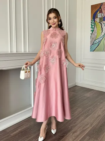 Elegant Women 3D Floral Applique Maxi Dress Sleeveless A-Line Rhinestone Luxury Celebrity Style Evening Long Gown