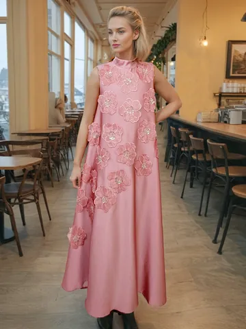 Elegant Women 3D Floral Applique Maxi Dress Sleeveless A-Line Rhinestone Luxury Celebrity Style Evening Long Gown