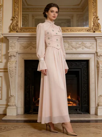 Robe Longue Vintage Style Cour Française Col Montant Volants Manches Bouffantes Taille Fine Élégant Patchwork en Maille Femmes Automne