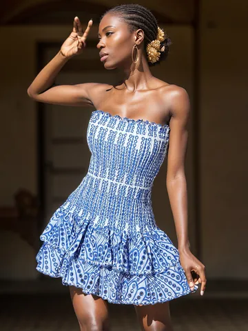 Women Smocked Strapless Eyelet Dress Summer Bodycon Ruffle Mini Dress Sexy Vacation Hollow Out Layered Tiered Ruffle Dress