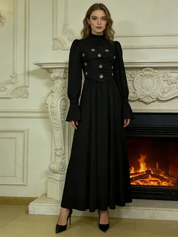 Robe Longue Vintage Style Cour Française Col Montant Volants Manches Bouffantes Taille Fine Élégant Patchwork en Maille Femmes Automne