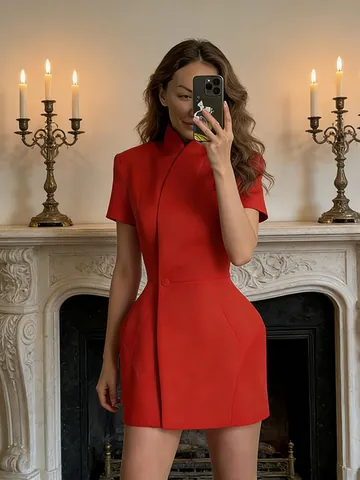 Vestido Corto Adelgazante de Color Sólido Estilo Coreano Minimalista Para Mujer Cuello Alzado Botón Único Manga Corta Vestido Mini Línea A