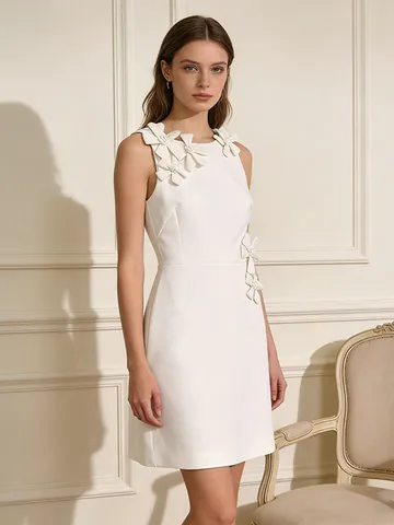 Women's Elegant Sleeveless Round Neck Mini Dress With 3D Floral Applique Patchwork Solid Color Slim Fit Socialite Party Dress