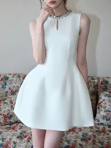 Women's Elegant Socialite Sleeveless Mini Dress High-End Rhinestone Round Neck Slim Waist A-Line Cocktail Party Dress