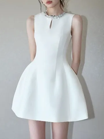 Women's Elegant Socialite Sleeveless Mini Dress High-End Rhinestone Round Neck Slim Waist A-Line Cocktail Party Dress
