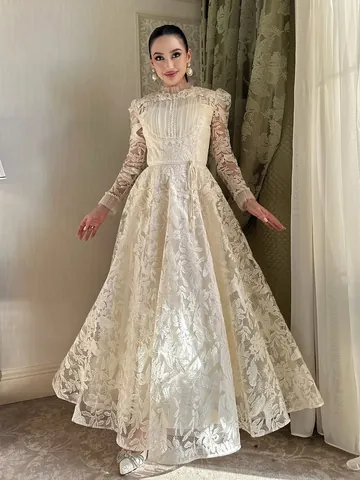 French Elegant Water Soluble Embroidery Lace Maxi Dress For Women Vintage Floral Puff Long Sleeve Party Evening Gown Socialite Dress