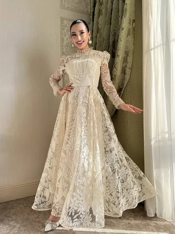 French Elegant Water Soluble Embroidery Lace Maxi Dress For Women Vintage Floral Puff Long Sleeve Party Evening Gown Socialite Dress