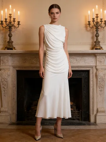 French Elegant Ruched Sleeveless Maxi Dress For Women Solid Color Round Neck Bodycon Slim Fit Long Party Banquet Evening Dress