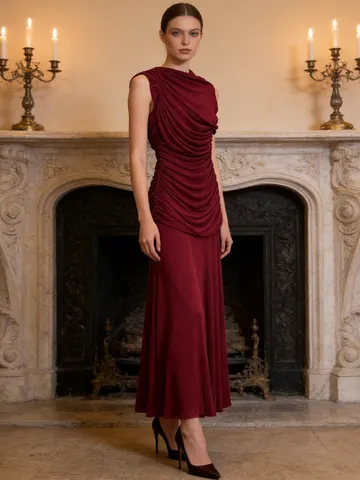 French Elegant Ruched Sleeveless Maxi Dress For Women Solid Color Round Neck Bodycon Slim Fit Long Party Banquet Evening Dress