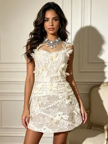 Women Elegant Heavy Lace Embroidery 3D Butterfly Applique Spaghetti Strap Dress Apricot Sleeveless Slim Fit Mini Banquet Party Dress