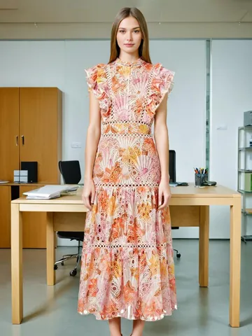 Süß Frisch Stil Stehkragen Ärmellos Floral Stickerei Spitze Maxi Kleid Elegant Hohl Aus Gestuftes A-Linie Sommer Kleid Für Damen