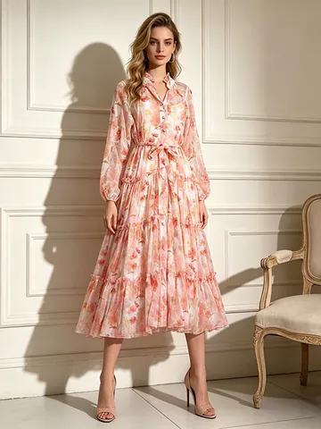 Women Romantic Pastoral Floral Print Maxi Dress Lantern Sleeve V-Neck Tie Waist Tiered Cake Skirt Vintage Boho Dress