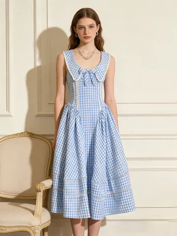 Γυναικείο Γλυκό Gingham Μίντι Φόρεμα Αμάνικο Φιόγκος Δαντέλα Γραμμή Α Ψηλή Μέση Πολυεστερικό Βαμβακερό Φόρεμα Καθημερινό