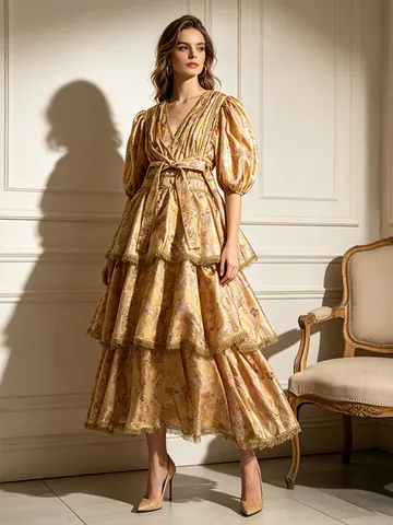 Robe Maxi pour Femmes Rétro Occidental Col en V Imprimé Patchwork de Dentelle Manches Bouffantes Taille Haute Robe à Étages Élégante Robe de Soirée