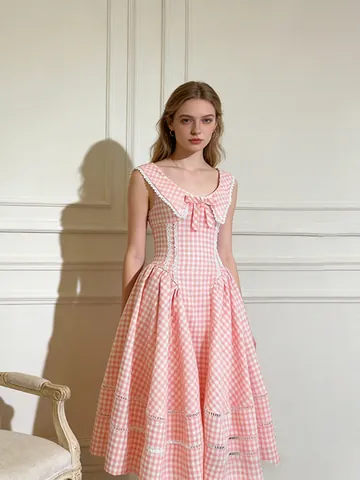 Γυναικείο Γλυκό Gingham Μίντι Φόρεμα Αμάνικο Φιόγκος Δαντέλα Γραμμή Α Ψηλή Μέση Πολυεστερικό Βαμβακερό Φόρεμα Καθημερινό