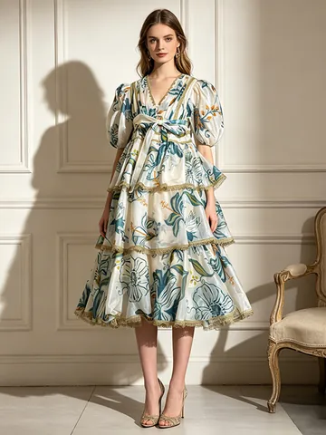 Robe Maxi pour Femmes Rétro Occidental Col en V Imprimé Patchwork de Dentelle Manches Bouffantes Taille Haute Robe à Étages Élégante Robe de Soirée