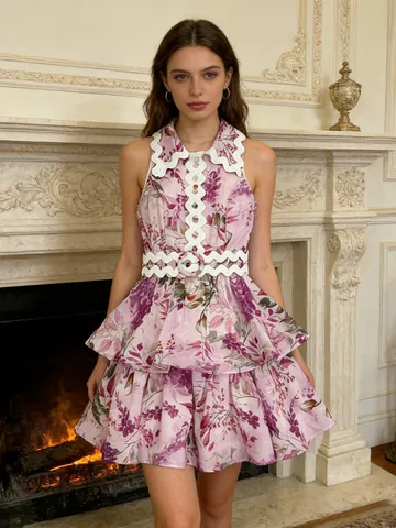 Women Sweet Floral Scalloped Edge Mini Dress Sleeveless Halter Peter Pan Collar Dress With Waist Belt Fashion Printed Dress