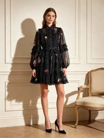 Mini Robe Florale Style Français Doux Vintage Col Montant Manche Lanterne Dentelle Volants Taille Nouée Femme