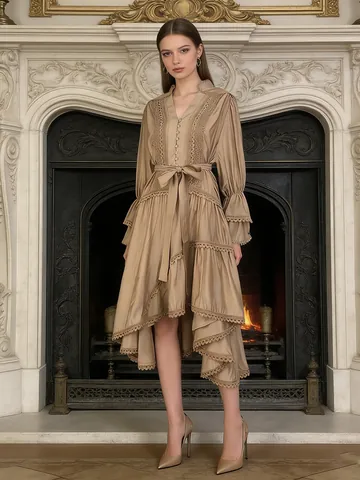 French Court Style Embroidered Dress Women Vintage V Neck Flared Sleeve Lace Up Waist Tiered Ruffle Maxi Dress Khaki White Black